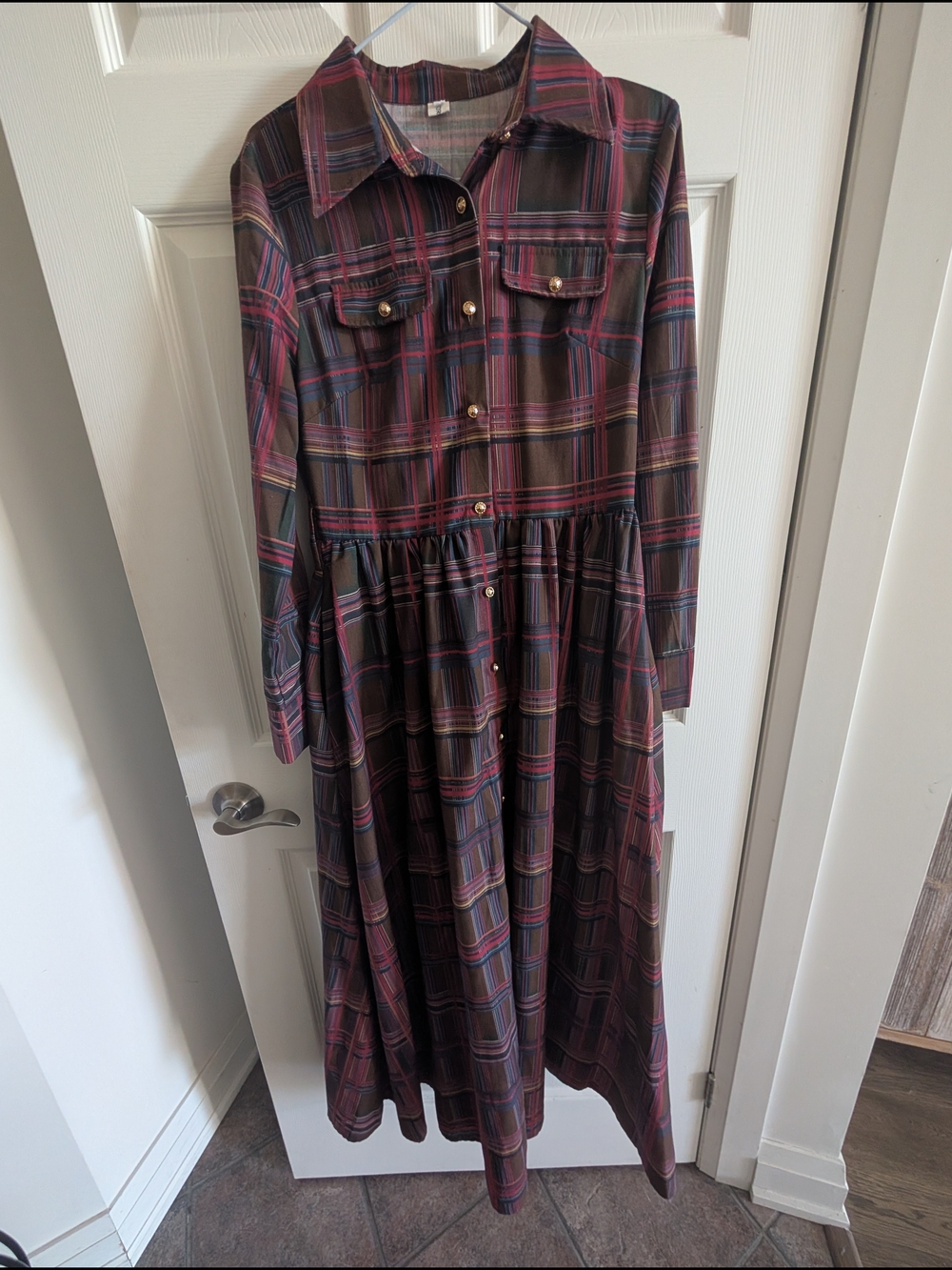 Plaid Midi Shirt Dress in Burgundy and Navy